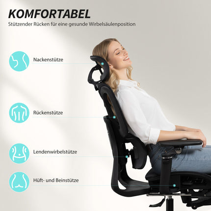 Ergonomická kancelářská židle, nastavitelná bederní opěrka a opěrka hlavy, černá síťovina