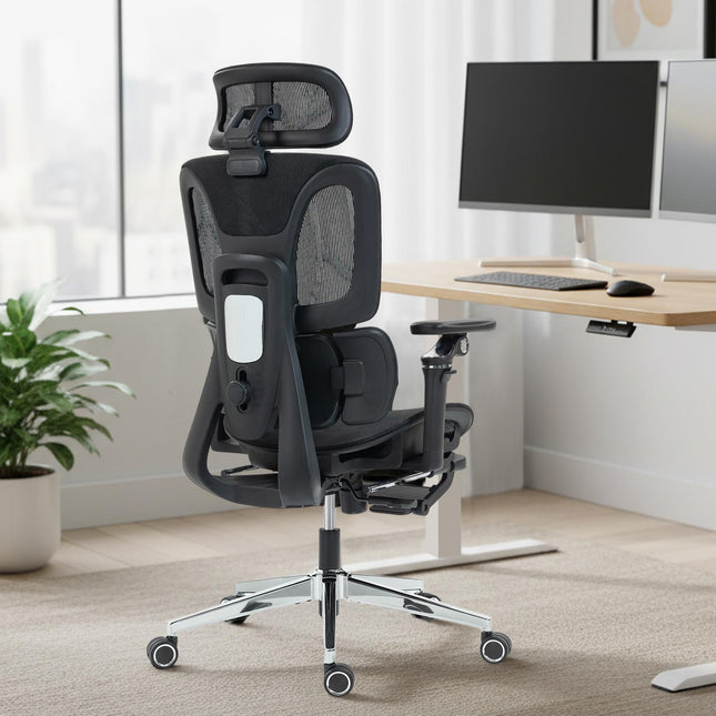 Ergonomická kancelářská židle, nastavitelná bederní opěrka a opěrka hlavy, černá síťovina