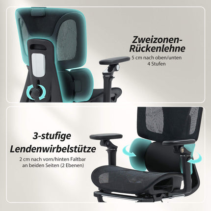 Ergonomická kancelářská židle, nastavitelná bederní opěrka a opěrka hlavy, černá síťovina