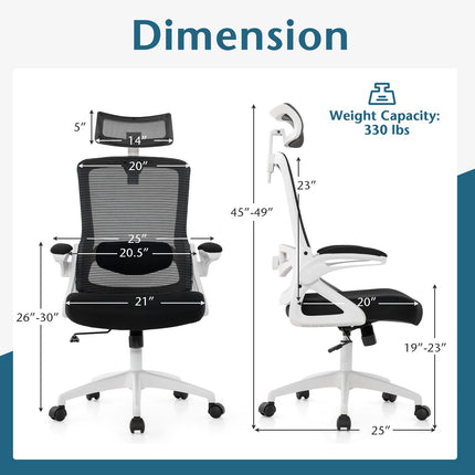 Ergonomická kancelářská židle – nastavitelná bederní opěrka, síťovina, bílá