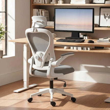 Ergonomická kancelářská židle, síťovina, sklopné područky, šedá