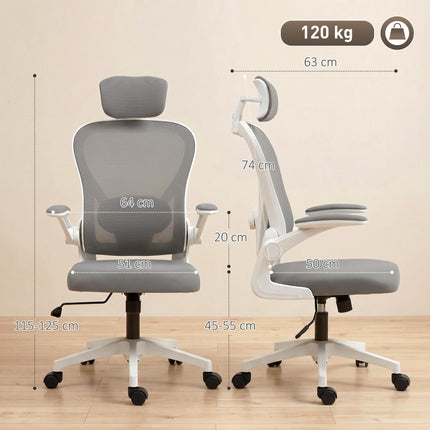 Ergonomická kancelářská židle, síťovina, sklopné područky, šedá