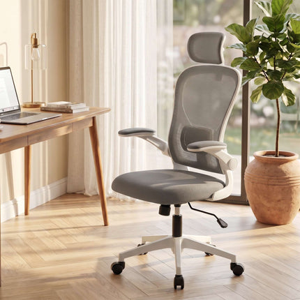 Ergonomická kancelářská židle, síťovina, sklopné područky, šedá