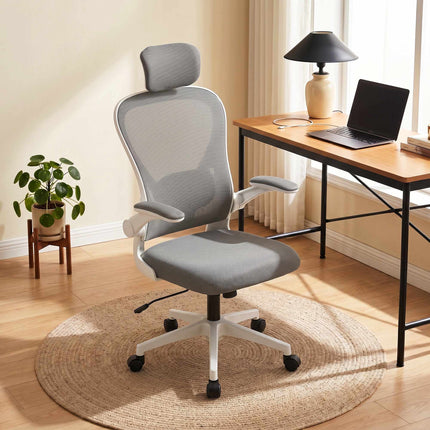 Ergonomická kancelářská židle, síťovina, sklopné područky, šedá