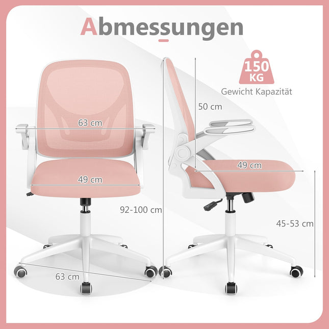 Ergonomická kancelářská židle, růžová, sklopné područky, bederní opěrka
