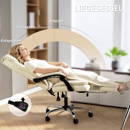 Ergonomická kancelářská židle s podnožkou, umělá kůže, béžová/černá