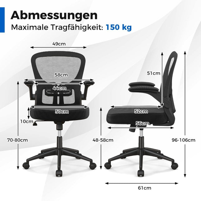 Ergonomische bureaustoel met opklapbare armleuningen, verstelbare lendensteun en kantelfunctie