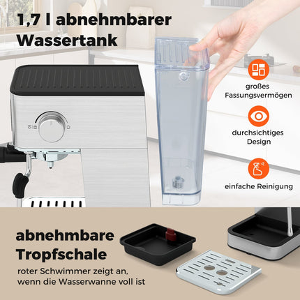 Espresso machine with milk frother, 20 bar, touchscreen, 1.7L