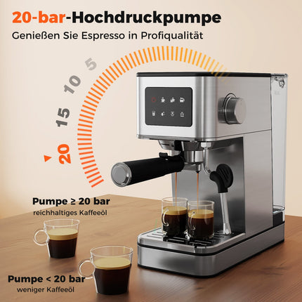 Espresso machine with milk frother, 20 bar, touchscreen, 1.7L