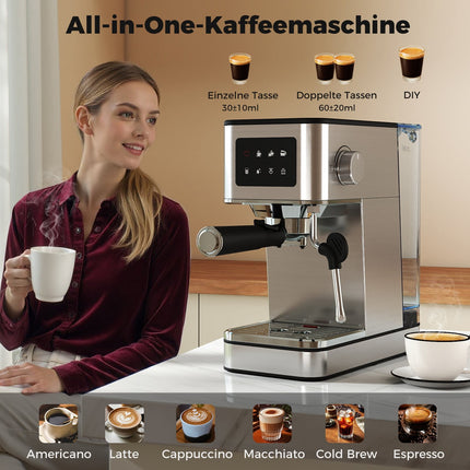 Espresso machine with milk frother, 20 bar, touchscreen, 1.7L