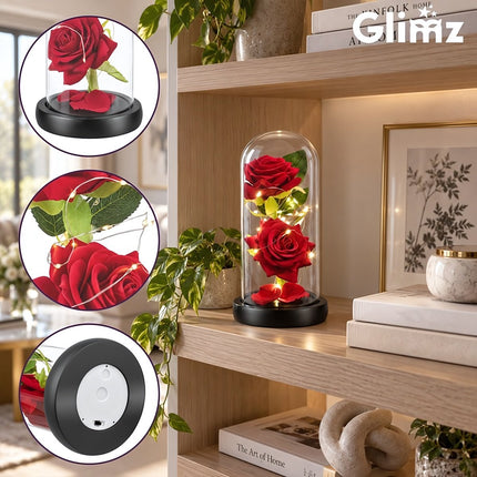 Eternal Rose in Glass Dome with 20 LED Lights, 22 cm, 2 Red Roses, Gift Box