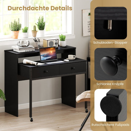 Extendable Computer Desk with 2 Drawers & Wheels, Black