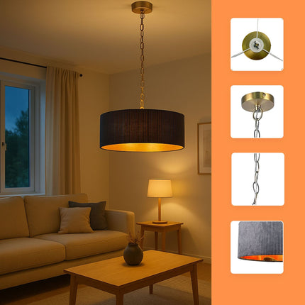 Textiler Pendelschirm, gerilltes Design, Bronze-Innenseite