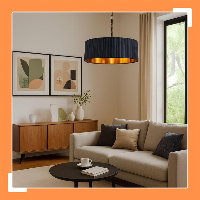 Závěsné svítidlo s látkovým stínidlem, žebrovaný design, bronzový vnitřek