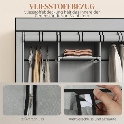 Fabric Wardrobe, 8 Shelves, 2 Hanging Rods, Gray