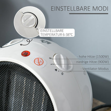Elektrický teplovzdušný ventilátor, 900W/1500W, bílá a černá, kompaktní