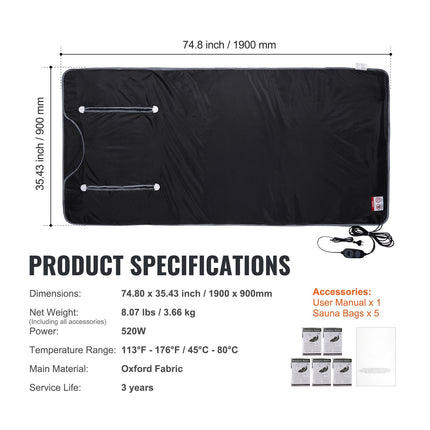 Far Infrared Sauna Blanket With Armholes, Oxford 190x89cm