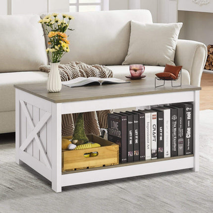 Farmhouse Coffee Table, 31.5 in Square, Open Storage, Gray/White