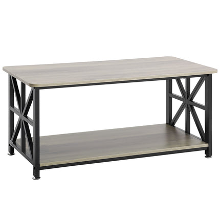 Farmhouse Coffee Table 40 Inch, Open Storage, Metal Legs