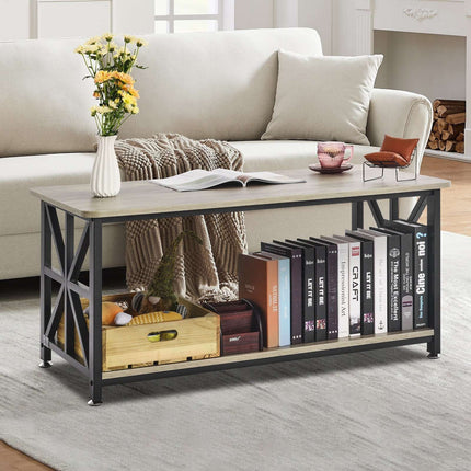 Farmhouse Coffee Table 40 Inch, Open Storage, Metal Legs