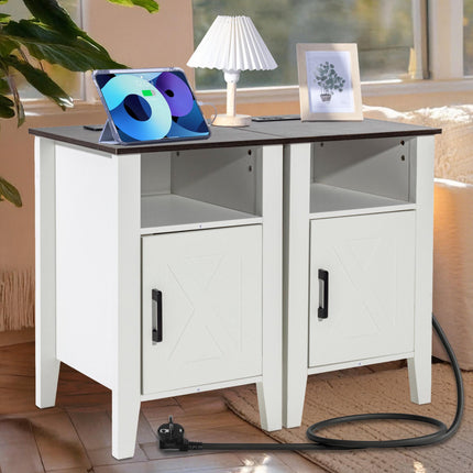 Farmhouse End Tables Set of 2, USB Outlets, LED Cabinet