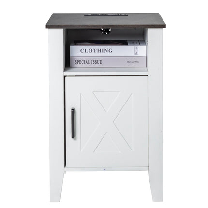 Farmhouse End Tables Set of 2, USB Outlets, LED Cabinet