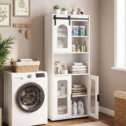 Farmhouse White Bathroom Cabinet with Sliding Barn Door