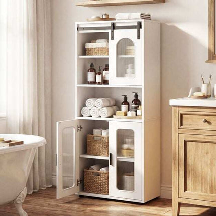 Farmhouse White Bathroom Cabinet with Sliding Barn Door
