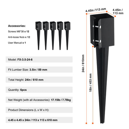Fence Post Ground Spikes, 6-Pack, 24 In, Fits 3.5x3.5