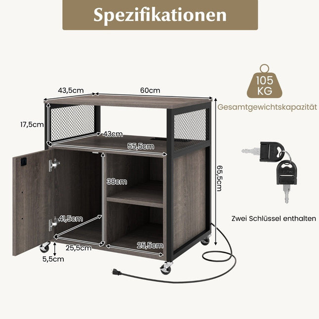 Archiefkast op wielen Kantoorkast met laadstation & Uitsparing voor kabelmanagement printerstandaard-grijs