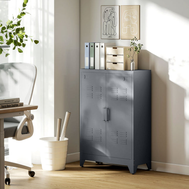 Archiefkast met louvredeuren, opbergkast, metalen kast met 2 verstelbare planken, 75 x 33 x 110 cm, grijs