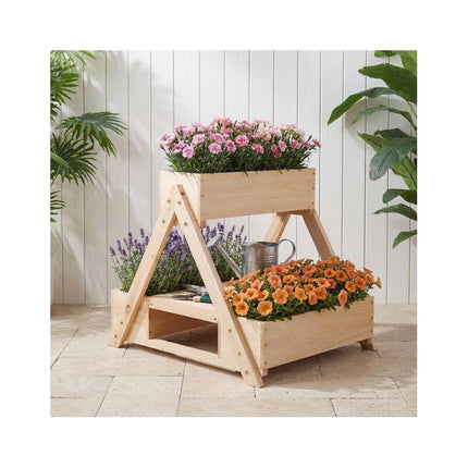 Fir Wood Planter Stand with 3 Boxes and Open Shelf, 75 kg Capacity, Natural