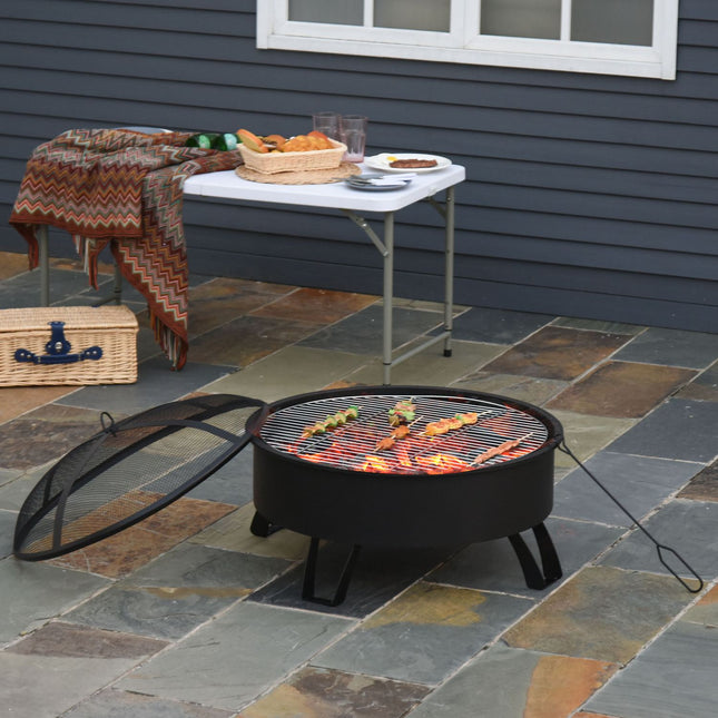 Fire Pit & BBQ Grill with spark guard, black Ø76 cm