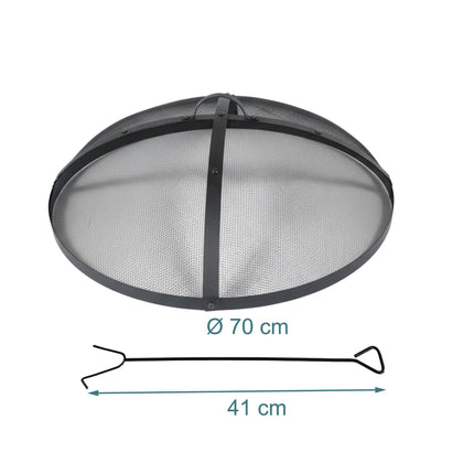 Ochrana ohniště proti jiskrám, kulatá kovová síť, včetně pohrabáče, 70 cm