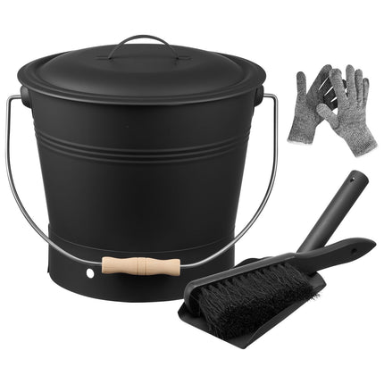 Fireplace Ash Bucket Set, Lid, Shovel, Brush, Gloves