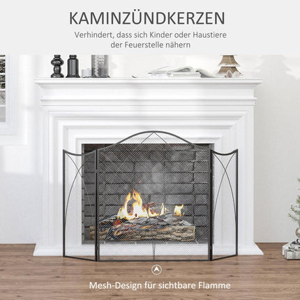 Folding black metal fireplace cover, 3-panel, 126 x 76cm