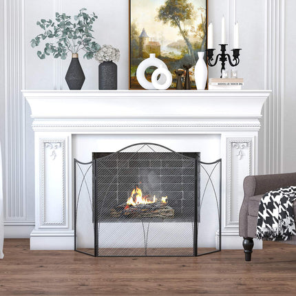 Folding black metal fireplace cover, 3-panel, 126 x 76cm