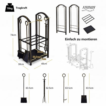 Fireplace Log Rack with Tools, Bronze Wrought Iron