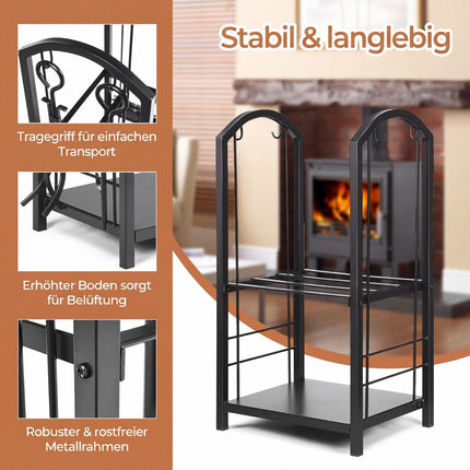 Fireplace Log Rack with Tools Set – Wrought Iron, Black