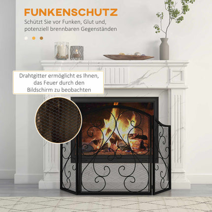 Fireplace Screen, Vintage Design, Black, 3-Panel, 66x31x81 cm