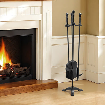Fireplace Tool Set, 4-Piece Wrought Iron Stand, Black