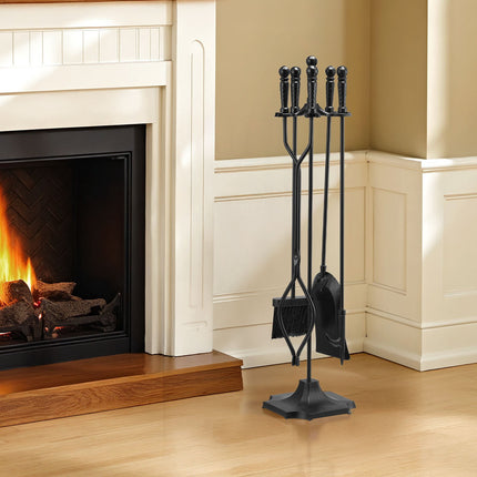 Fireplace Tool Set, 5-Piece Wrought Iron Stand, Black