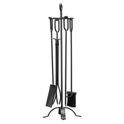 Fireplace Tool Set, 5-Piece Wrought Iron Stand, Black