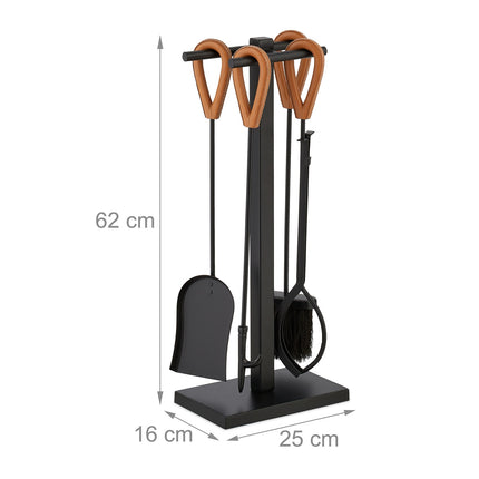 Haardgereedschapset met metalen standaard en leren handvatten