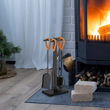 Haardgereedschapset met metalen standaard en leren handvatten