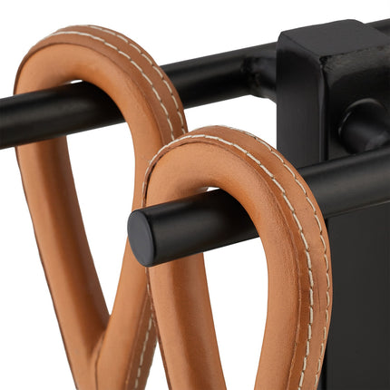 Haardgereedschapset met metalen standaard en leren handvatten