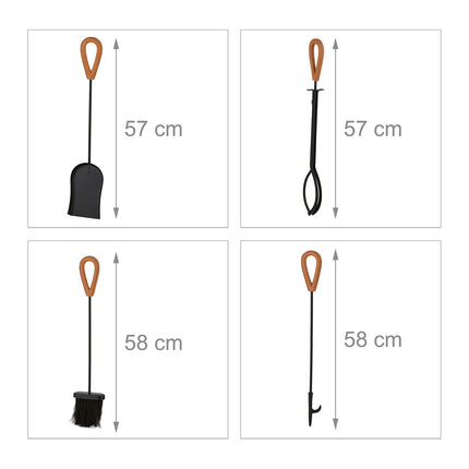 Haardgereedschapset met metalen standaard en leren handvatten