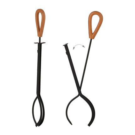 Haardgereedschapset met metalen standaard en leren handvatten