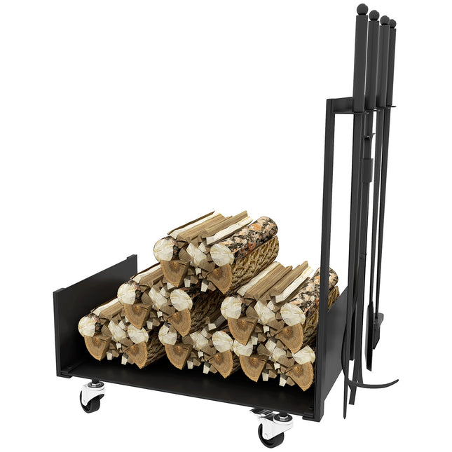 Wood stand in metal with wheels and tools, black, 48x30x76 cm