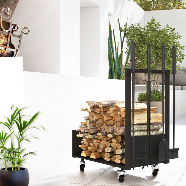 Wood stand in metal with wheels and tools, black, 48x30x76 cm